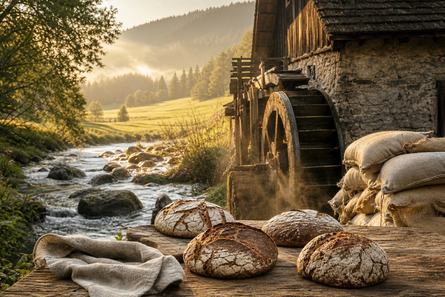 Hölzerne Wassermühle am Bergbach mit frischem Brot auf Eichentisch