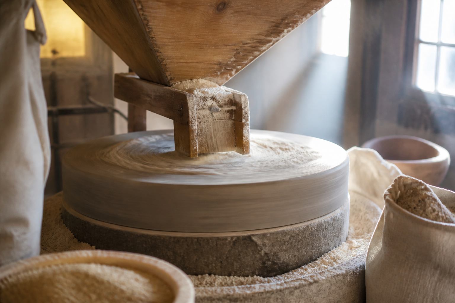 Mahlstein mit Mehlstaub im Morgenlicht