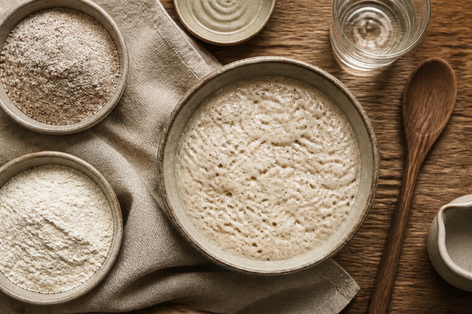 Aktiver Sauerteig in Keramikschale mit Mehlen